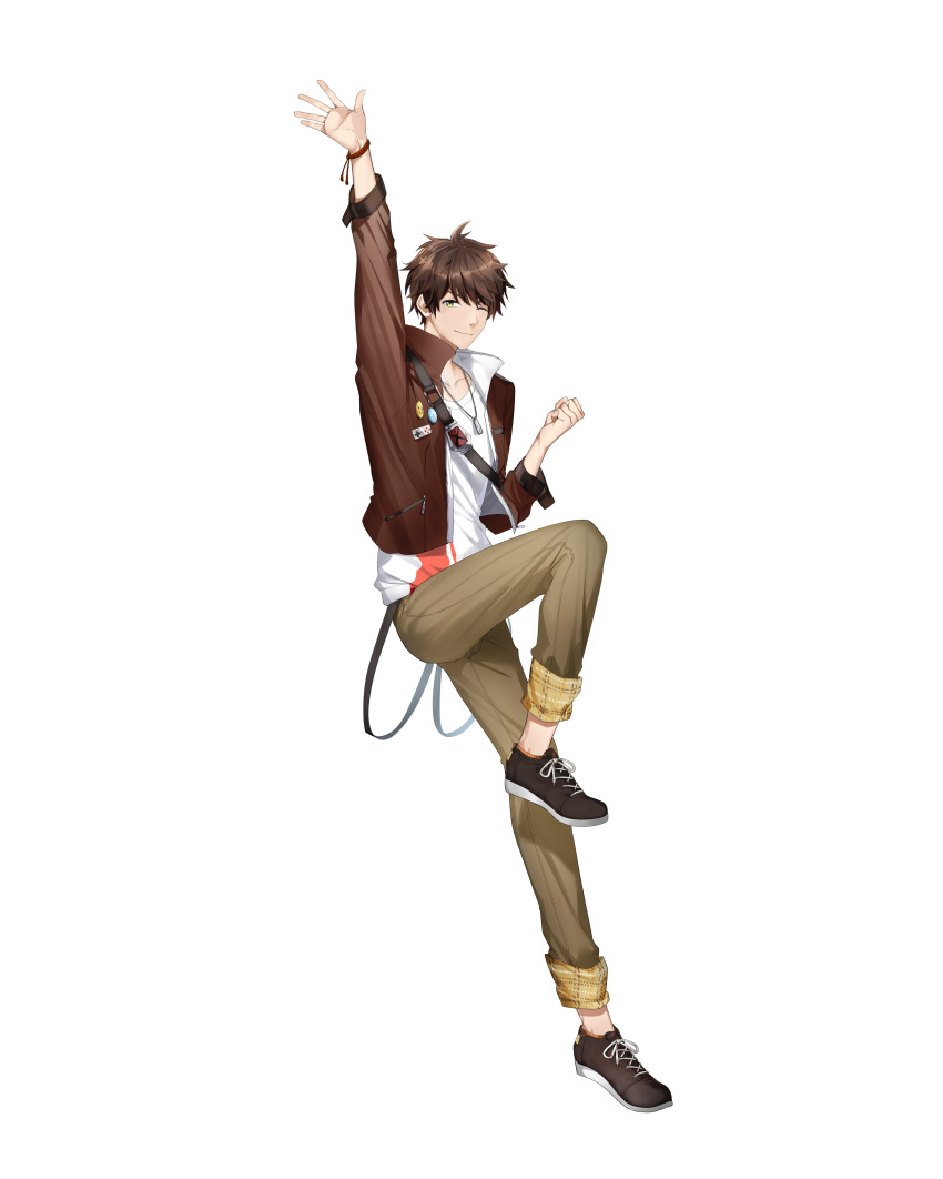 1boy absurdres beige_pants black_footwear bracelet brown_hair brown_jacket clenched_hand collarbone green_eyes highres jacket jewelry looking_at_viewer male_focus min_suha necklace nijisanji nijisanji_kr official_art one_eye_closed open_hand outstretched_arm second-party_source shirt smile solo symbol-only_commentary tachi-e virtual_youtuber white_shirt xretakex