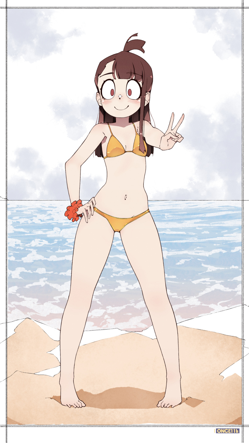 absurdres bangs beach bikini border bracelet brown_hair closed_mouth clouds cloudy_sky full_body hair_bun hand_on_hip highres jewelry kagari_atsuko little_witch_academia looking_at_viewer once_11h outdoors red_eyes sky smile standing swimsuit v white_border yellow_bikini