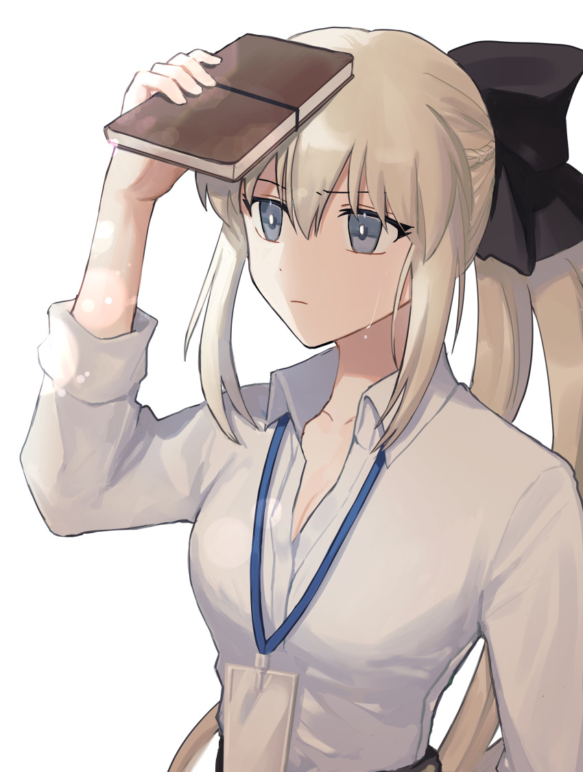 1girl absurdres alternate_costume bangs black_bow blue_eyes book bow braid closed_mouth collarbone collared_shirt contemporary ddukbaegihunt eyebrows_visible_through_hair fate/grand_order fate_(series) french_braid hair_between_eyes hair_bow highres holding holding_book id_card long_hair looking_away morgan_le_fay_(fate) office_lady platinum_blonde_hair ponytail shirt sidelocks sleeves_rolled_up solo sunlight sweat upper_body very_long_hair white_background white_shirt wing_collar