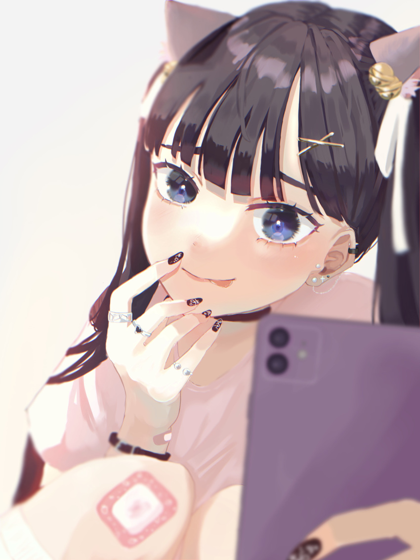 1girl :p absurdres animal_ears bandaid bandaid_on_knee bandaid_on_wrist bangs black_choker black_hair black_nails blue_eyes blunt_bangs blurry blurry_background cat_ears cellphone choker commentary_request ear_piercing earrings hair_ornament hasuya highres holding holding_phone jewelry looking_at_viewer multiple_rings original phone piercing pink_shirt ring shirt simple_background solo t-shirt tongue tongue_out twintails x_hair_ornament