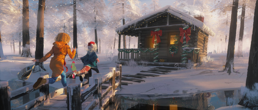 2girls absurdres animal bloop_(gawr_gura) chimney chmyxo christmas_lights christmas_tree coat fish_tail gawr_gura hat highres hololive hololive_english hood hood_down icicle multiple_girls outdoors running santa_hat shark_tail silver_hair smol_ame snow tail tree watson_amelia winter_clothes winter_coat wreath