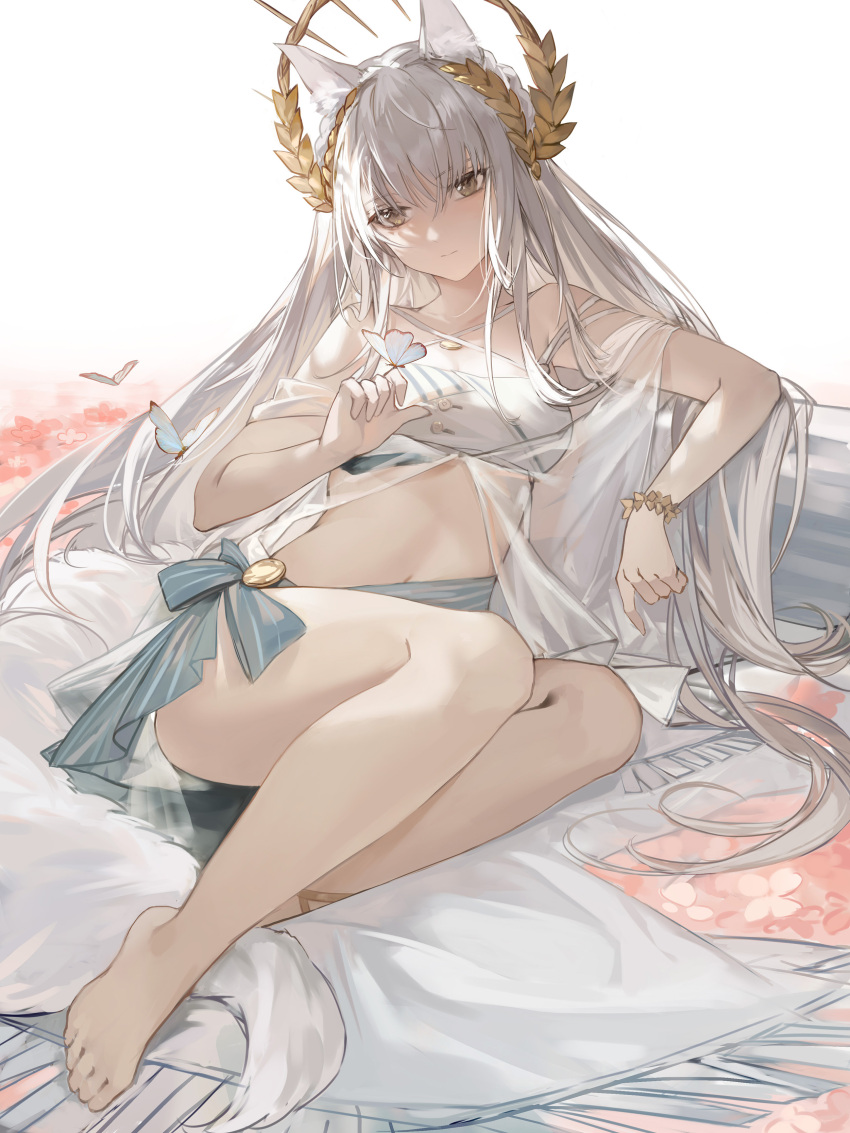 1girl absurdres animal_ears arknights bangs bare_shoulders bug butterfly cover-up ergouzi_echo eyebrows_visible_through_hair grey_eyes highres horse_ears horse_girl horse_tail laurel_crown long_hair official_alternate_costume platinum_(arknights) platinum_(shimmering_dew)_(arknights) silver_hair solo swimsuit tail very_long_hair