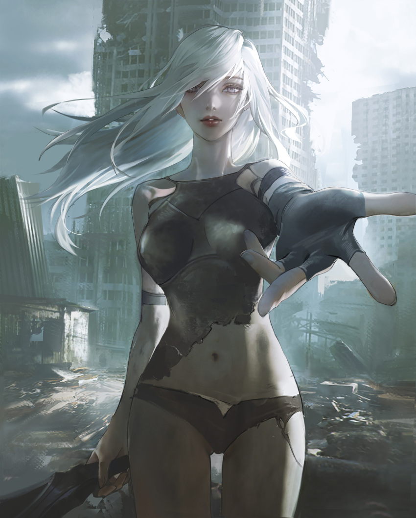 1girl absurdres android bare_shoulders black_gloves blue_eyes breasts cowboy_shot day fingerless_gloves gloves hair_between_eyes highres holding holding_weapon joints leesuyeon lips long_hair looking_at_viewer medium_breasts navel nier_(series) nier_automata outdoors outstretched_arm robot_joints ruins single_fingerless_glove solo standing torn_clothes weapon white_hair wind yorha_type_a_no._2