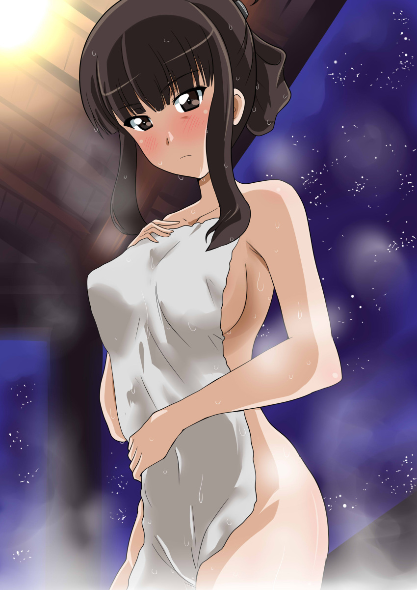 1girl absurdres alternate_hairstyle bangs black_eyes black_hair blunt_bangs blush breasts closed_mouth commentary eyebrows_visible_through_hair frown girls_und_panzer hair_up hand_on_own_chest highres holding holding_towel looking_at_viewer mature_female medium_breasts naked_towel night night_sky nishizumi_shiho onsen short_hair sidelocks sky solo standing star_(sky) starry_sky steam towel wakku_kan
