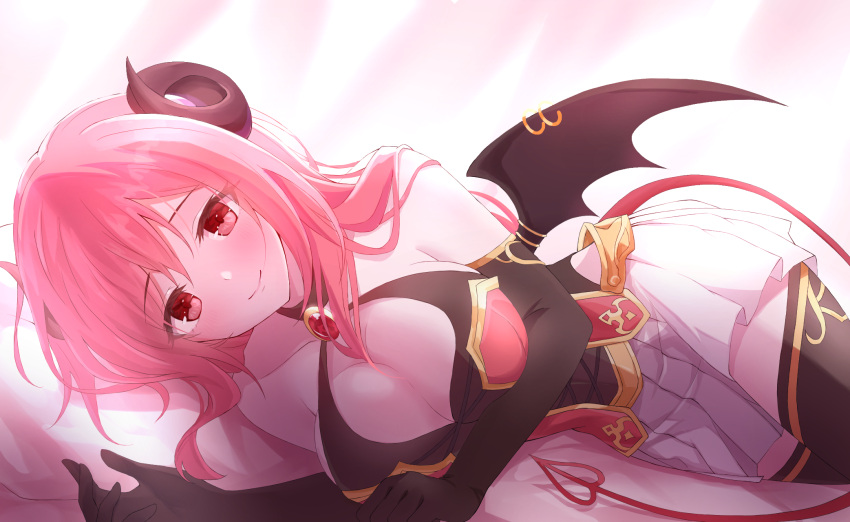 1girl bare_shoulders blush breasts brooch choker curled_horns demon_tail demon_wings elbow_gloves gloves highres horns io_(princess_connect!) jewelry large_breasts looking_at_viewer lying on_side pink_hair princess_connect! red_eyes skirt smile solo tail thigh-highs white_l wings