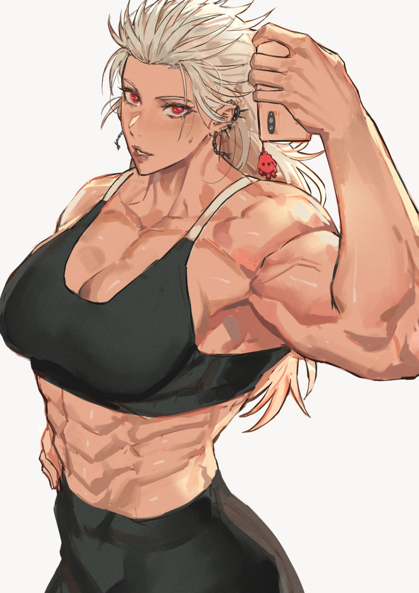 1girl abs breasts cellphone dorohedoro earrings highres jewelry long_hair looking_at_viewer muscular muscular_female noi_(dorohedoro) park_ongjol phone red_eyes selfie simple_background smile solo sports_bra white_hair