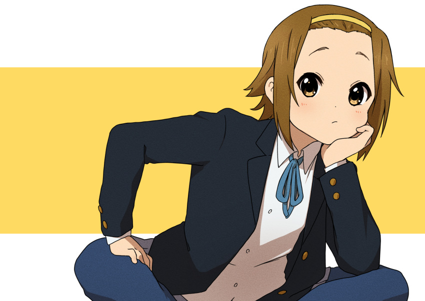 1girl black_jacket blue_neckwear blue_pants brown_eyes brown_hair closed_mouth collared_shirt commentary_request crossed_legs forehead hairband hand_on_own_chin head_rest highres jacket k-on! kicchi_(tmgk) long_sleeves looking_at_viewer pants shirt short_hair sitting solo tainaka_ritsu two-tone_background white_background white_shirt yellow_background yellow_hairband