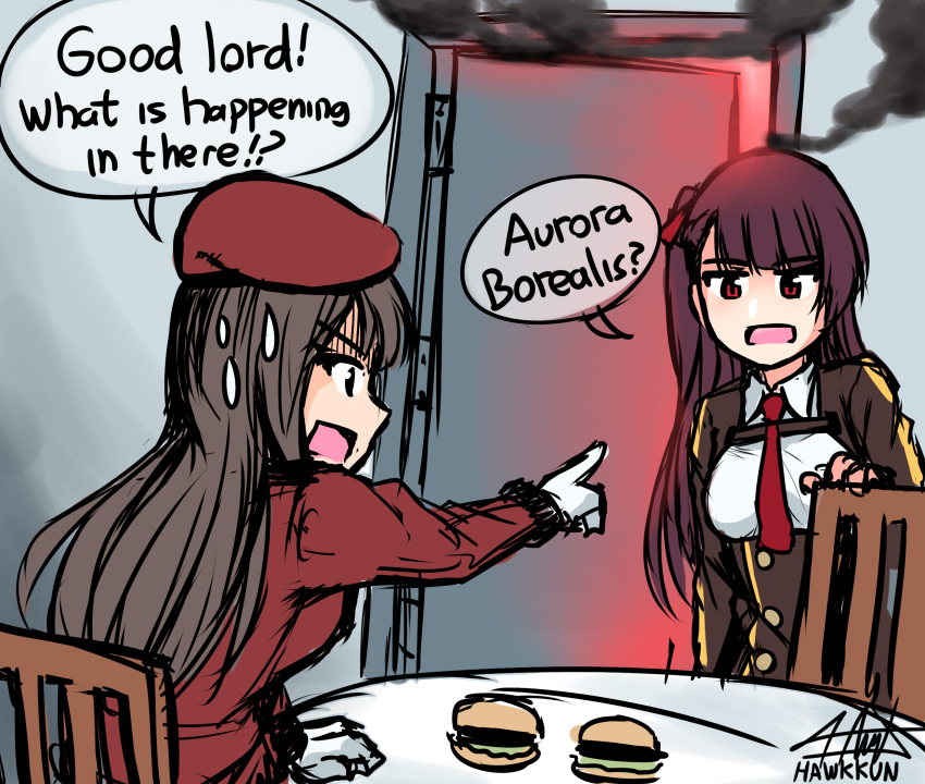 2girls artist_name beret brown_hair brown_jacket burger chair collared_shirt commentary door english_commentary english_text female_commander_(girls'_frontline) food girls_frontline gloves hat highres jacket long_hair meme multiple_girls necktie open_mouth parody red_eyes red_headwear red_jacket senpaihawkkun shirt signature smoke steamed_hams the_simpsons wa2000_(girls'_frontline) white_shirt