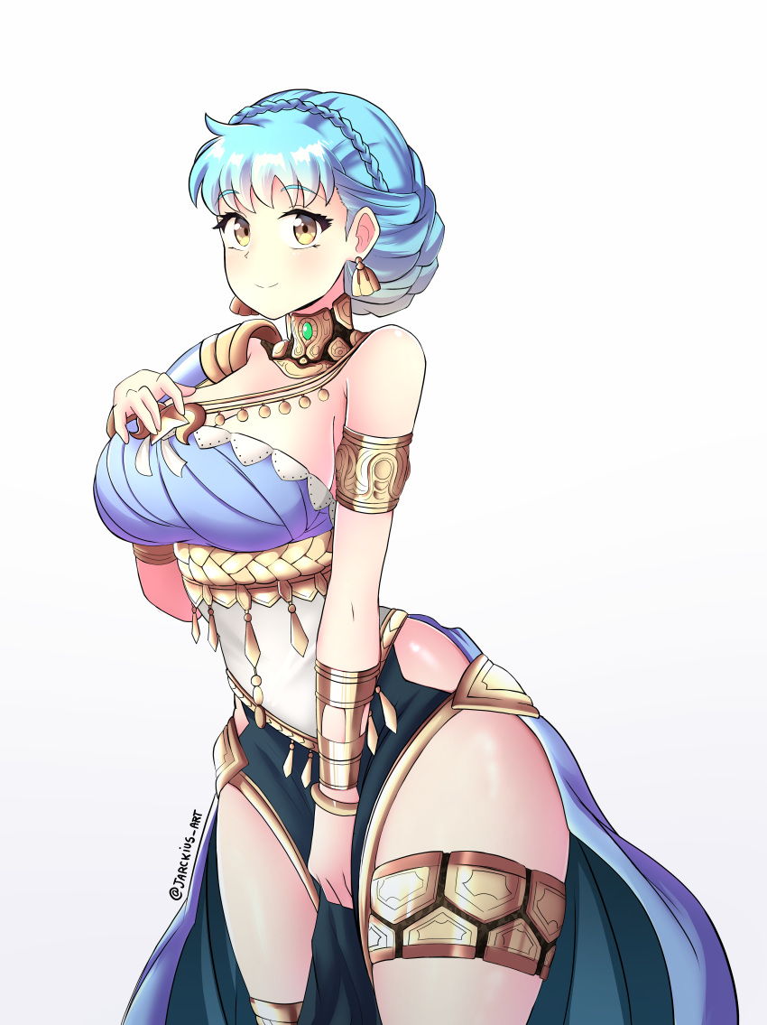 1girl absurdres armlet bangs bare_shoulders belly_chain blue_dress blue_hair blush bracelet braid breasts choker commentary_request cowboy_shot crown_braid dancer_(three_houses) dress earrings eyebrows_visible_through_hair fire_emblem fire_emblem:_three_houses fire_emblem_heroes gradient gradient_background grey_background hand_on_own_chest highres jarckius jewelry large_breasts looking_at_viewer marianne_von_edmund pelvic_curtain short_hair single-shoulder_dress smile solo standing thighlet thighs white_background yellow_eyes