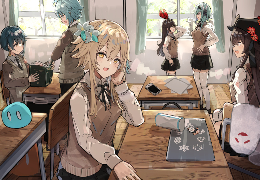 2boys 4girls amber_(genshin_impact) bag blonde_hair blue_hair brown_hair cardigan chair chongyun_(genshin_impact) classroom eula_(genshin_impact) flower genshin_impact hair_flower hair_ornament hat hat_flower highres hu_tao_(genshin_impact) indoors long_sleeves looking_at_viewer lumine_(genshin_impact) multiple_boys multiple_girls pleated_skirt school_uniform sitting skirt slime_(genshin_impact) smile standing table the_olphy thigh-highs top_hat window xingqiu_(genshin_impact)