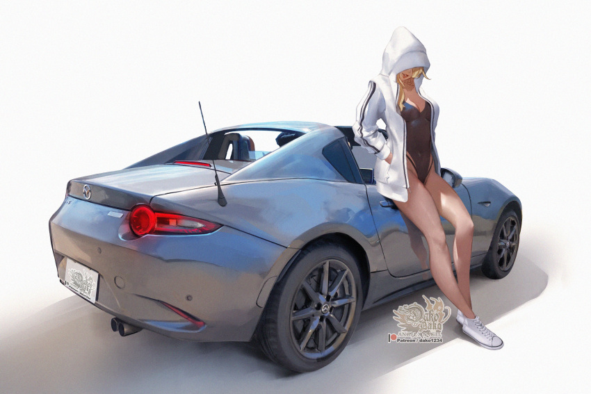 1girl artist_name bare_legs black_swimsuit blonde_hair breasts car commentary competition_swimsuit covered_eyes english_commentary film_grain full_body ground_vehicle hands_in_pockets highres hood hood_up hooded_jacket hu_dako jacket mazda mazda_mx-5 medium_breasts motor_vehicle one-piece_swimsuit open_clothes open_jacket original parted_lips patreon_logo reward_available simple_background solo standing striped striped_jacket swimsuit swimsuit_under_clothes web_address white_background white_footwear white_jacket
