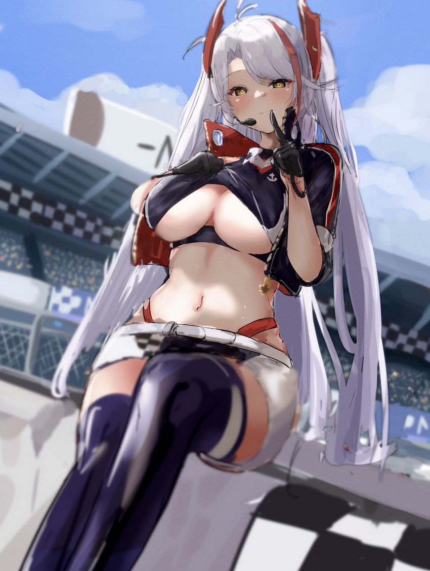 1girl absurdres azur_lane belt black_gloves blue_sky breasts checkered checkered_flag clothing_cutout cropped_shirt earpiece flag gloves half_gloves headgear highres jacket large_breasts light_purple_hair looking_at_viewer multicolored_hair navel official_alternate_costume open_clothes open_jacket outdoors panties panty_straps plain_64 prinz_eugen_(azur_lane) prinz_eugen_(final_lap)_(azur_lane) purple_jacket purple_legwear racequeen racetrack red_panties redhead short_sleeves sitting sky solo streaked_hair thigh-highs two-tone_hair two-tone_skirt under_boob underboob_cutout underwear v white_belt yellow_eyes zettai_ryouiki