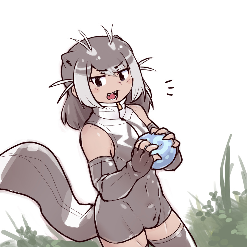 0x0082 1boy animal_ears antenna_hair bangs bulge covered_navel dutch_angle elbow_gloves extra_ears eyebrows_visible_through_hair fangs fingerless_gloves food genderswap genderswap_(ftm) giant_otter_(kemono_friends) gloves grey_hair highres holding holding_food japari_bun kemono_friends looking_at_viewer male_focus medium_hair multicolored_hair one-piece_swimsuit open_mouth otter_girl otter_tail parted_bangs sidelocks sleeveless solo swimsuit tail tan thigh-highs tsurime two-tone_hair zipper zipper_pull_tab