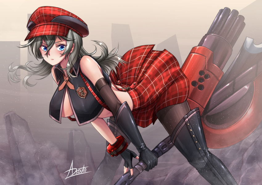 1girl adsouto alisa_ilinichina_amiella asymmetrical_gloves bare_shoulders blue_eyes boots breasts elbow_gloves fingerless_gloves gloves god_eater hat highres holding holding_weapon huge_weapon large_breasts long_hair looking_at_viewer midriff plaid plaid_headwear plaid_skirt rubble signature single_elbow_glove single_wrist_cuff skirt solo suspenders thigh-highs thigh_boots weapon wrist_cuffs