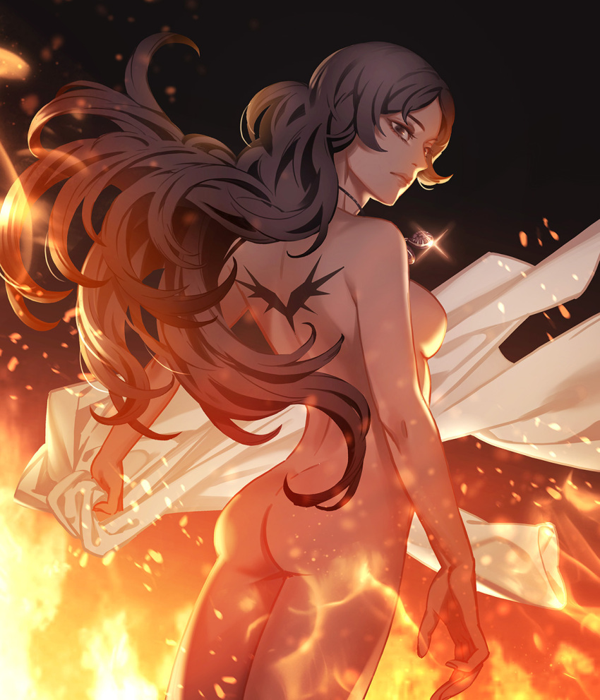 1girl akakokko_(niro_azarashi) arm_at_side ass back_tattoo birdmen black_background black_eyes black_hair breasts burning closed_mouth clothes_removed cowboy_shot dutch_angle eva_oulu fire from_behind frown glint highres holding holding_clothes jewelry long_hair looking_at_viewer looking_back necklace nude pendant solo tattoo very_long_hair wing_tattoo