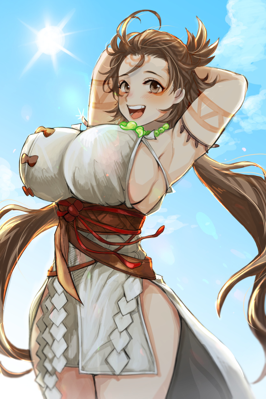 1girl :d arm_tattoo armpits arms_behind_head breasts brown_eyes brown_hair clouds facial_mark fate/grand_order fate_(series) flower_tattoo forehead_mark highres himiko_(fate) huge_breasts long_hair looking_at_viewer low_twintails masao_sao obi open_mouth round_teeth sash sideboob sky smile solo sun sunlight tattoo teeth thighs tongue twintails upper_body