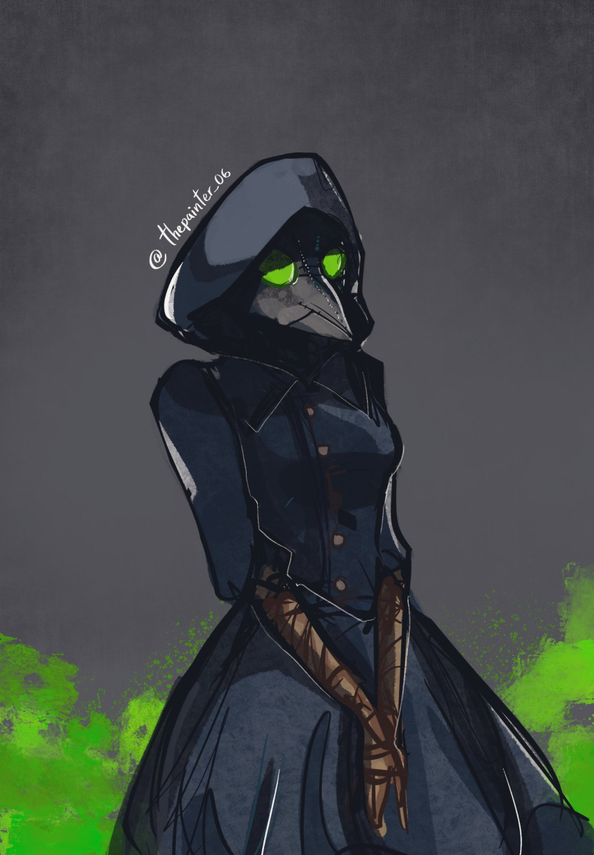 1girl black_dress breasts brown_gloves buttons drawing dress elbow_gloves fortnite gloves green_eyes highres hooded long_sleeves mask plague_doctor plague_doctor_mask scourge_(fortnite) simple_background solo thepainter_06