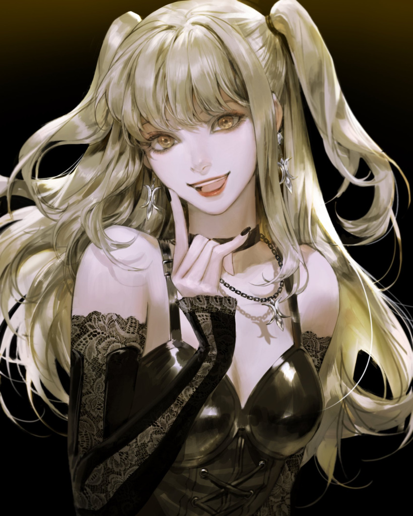1girl :d \n/ amane_misa bangs bare_shoulders black_background black_choker black_dress black_nails blonde_hair choker commentary_request corset death_note detached_sleeves dress earrings hand_up highres jewelry korean_commentary lace_sleeves long_hair looking_at_viewer nail_polish necklace open_mouth red_lips sidelocks smile solo two_side_up upper_body vlfdus_0 yellow_eyes
