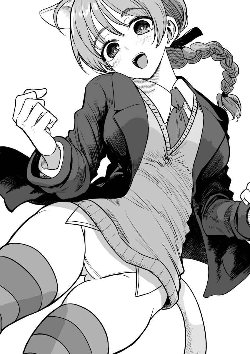 1girl :d animal_ears ass_visible_through_thighs bangs blazer bonkara_(sokuseki_maou) braid cat_ears cat_tail commentary crotch_seam dress_shirt eyebrows_visible_through_hair greyscale hair_tie head_tilt highres jacket leaning_to_the_side long_hair looking_at_viewer lynette_bishop monochrome necktie no_pants open_clothes open_jacket panties shirt single_braid skindentation smile solo strike_witches striped striped_legwear sweater tail thigh-highs underwear v-neck wing_collar world_witches_series