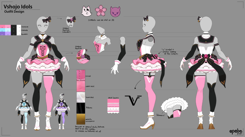 2021 bald bald_girl black_bow blue_dress bow character_sheet color_guide concept_art dress english_commentary epebe flower gloves grey_background high_heels highres idol_clothes official_art open_hands pink_dress pink_flower purple_dress single_thighhigh thigh-highs vshojo white_footwear white_gloves