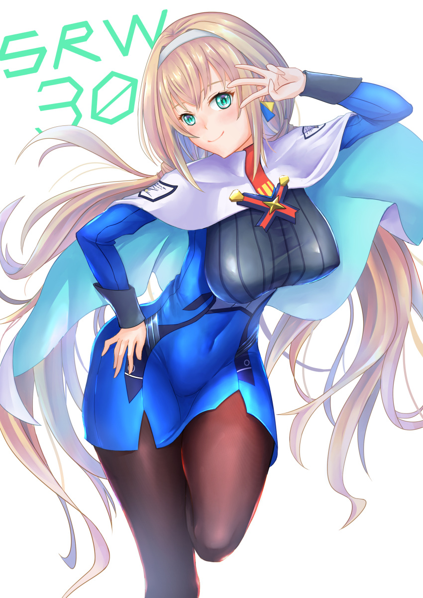 1girl absurdres black_legwear blonde_hair blue_dress capelet dress earrings green_eyes hairband highres jewelry long_hair low_twintails military military_uniform mitsuba_greyvalley red_neckwear solo super_robot_wars super_robot_wars_30 tied_hair triangle_earrings troy_(oxaa01ex) twintails uniform white_capelet white_footwear white_hairband