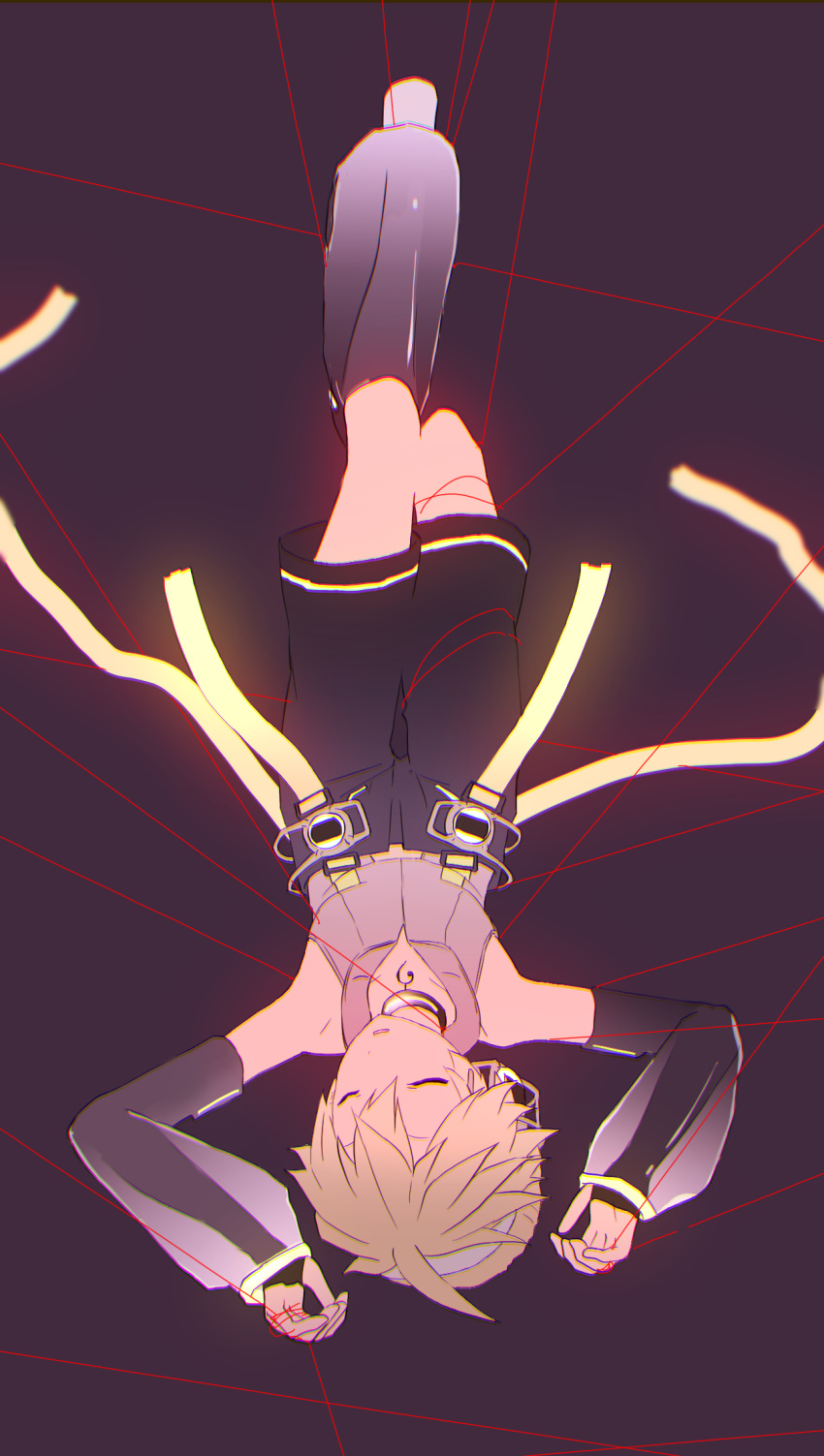 1boy bare_shoulders bass_clef belt black_background black_shorts blonde_hair closed_eyes d_futagosaikyou detached_sleeves full_body grey_shirt hanging headphones highres hip_gear kagamine_len kagamine_len_(append) leg_warmers male_focus parted_lips pendant_choker see-through shirt shorts sleeveless sleeveless_shirt solo spiky_hair string string_of_fate upside-down vocaloid vocaloid_append