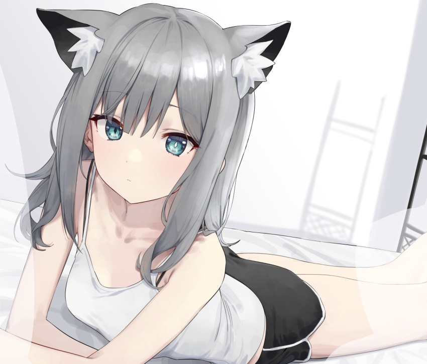 1girl animal_ear_fluff animal_ears arm_support bangs bare_shoulders bed black_shorts blue_archive bra_strap breasts camisole closed_mouth dolphin_shorts dot_nose feet_out_of_frame green_eyes grey_hair highres korean_commentary long_hair looking_at_viewer lying mismatched_pupils on_bed on_stomach shiroko_(blue_archive) shirt short_shorts shorts sidelocks small_breasts solo syhan white_shirt