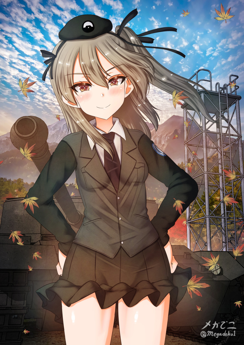 1girl aquaegg black_necktie blonde_hair blush breasts brown_eyes closed_mouth clouds cloudy_sky eyebrows_visible_through_hair girls_und_panzer ground_vehicle hands_on_hips highres looking_at_viewer medium_hair military military_uniform military_vehicle miniskirt motor_vehicle necktie outdoors pleated_skirt selection_university_military_uniform shimada_arisu shiny shiny_hair skirt sky small_breasts smile solo standing tank uniform