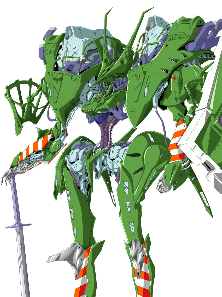 absurdres character_request five_star_stories highres mecha no_humans royalhouse_03 simple_background solo standing sword weapon white_background
