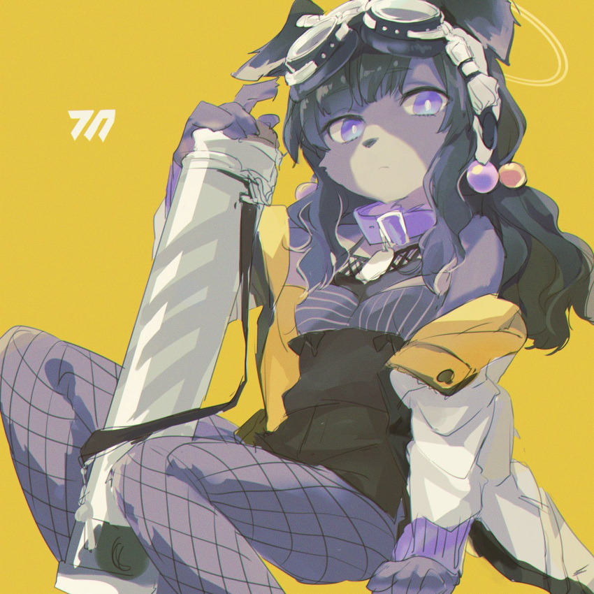 1girl animal_ears bangs black_hair blue_archive breasts closed_mouth collar dog_ears dog_girl fishnet_legwear fishnets fur furrification furry furry_female goggles goggles_on_head hair_bobbles hair_ornament hibiki_(blue_archive) highres jacket kyuuri_(miyako) long_hair low_twintails off_shoulder pantyhose purple_collar rocket_launcher simple_background small_breasts solo twintails violet_eyes weapon white_jacket yellow_background