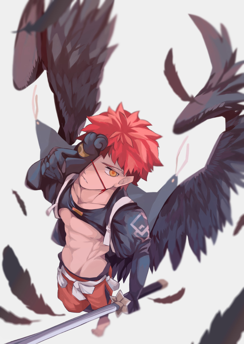 1boy abs absurdres bare_pectorals black_wings closed_mouth emiya_shirou falling_feathers fate/grand_order fate_(series) feathered_wings feathers half_mask highres holding holding_sword holding_weapon japanese_clothes kamigokuin male_focus mask official_alternate_costume orange_pants pants pectorals redhead senji_muramasa_(fate) short_hair shrug_(clothing) solo sword toned toned_male weapon white_background wings yellow_eyes