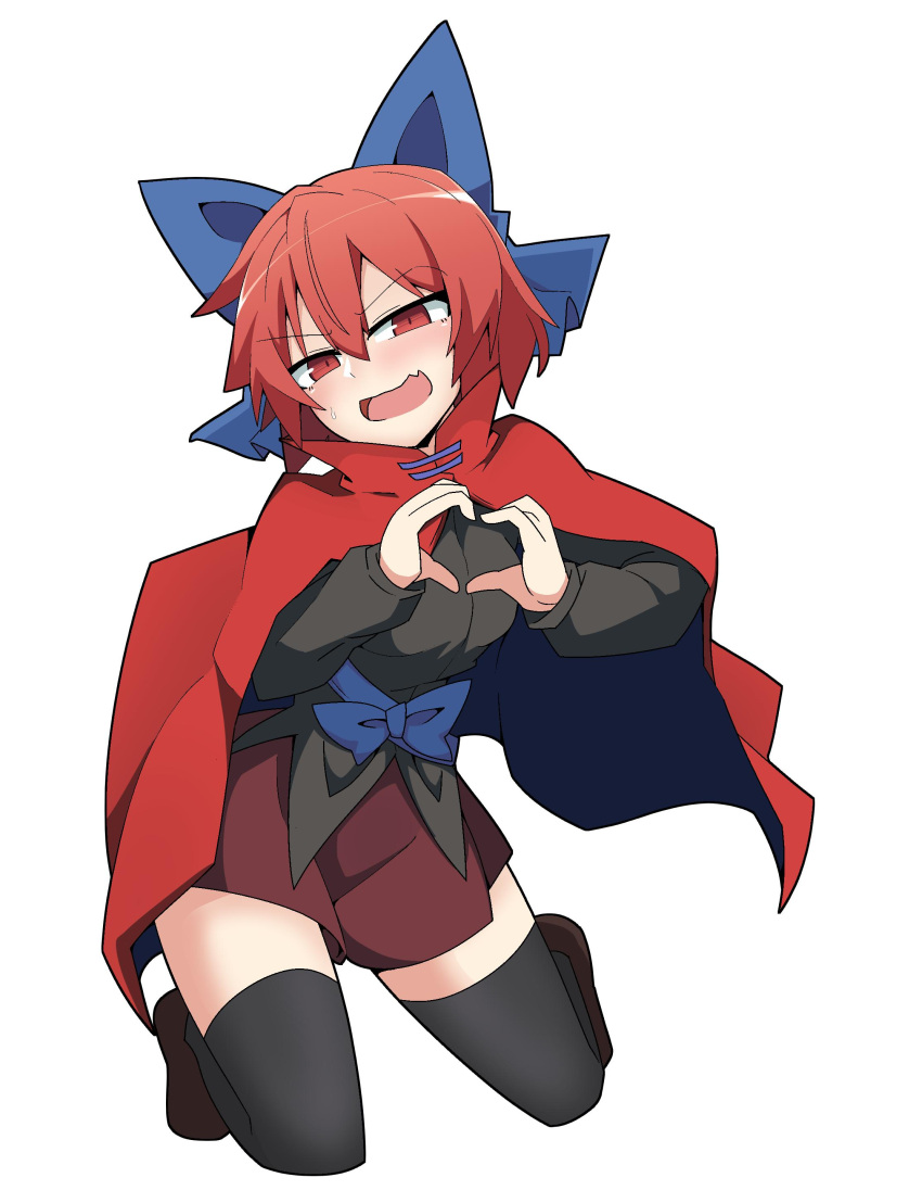 1girl :d absurdres agu_(antyosan) ahoge arms_up bangs black_legwear black_shirt blue_bow blue_ribbon blush bow breasts brown_footwear brown_skirt cape clip_studio_paint_(medium) commentary_request eyebrows_visible_through_hair eyelashes fang hair_between_eyes hair_bow heart heart_hands highres kneeling long_sleeves looking_at_viewer medium_breasts open_mouth red_cape red_eyes red_skirt redhead ribbon sekibanki shiny shiny_hair shirt shoes short_hair simple_background skin_fang skirt smile sweat thigh-highs touhou two-sided_cape two-sided_fabric white_background white_legwear zettai_ryouiki