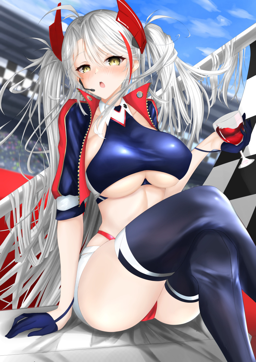 1girl absurdres alcohol azur_lane belt blurry blurry_background boots breasts checkered checkered_flag clothing_cutout cropped_shirt crossed_legs cup drinking_glass earpiece eyebrows_visible_through_hair feet_out_of_frame flag gloves half_gloves highres jacket long_hair multicolored_hair official_alternate_costume open_clothes open_jacket open_mouth panties panty_straps prinz_eugen_(azur_lane) prinz_eugen_(final_lap)_(azur_lane) purple_footwear purple_gloves purple_jacket racequeen racetrack red_panties redhead short_sleeves silver_hair sitting skindentation solo streaked_hair thigh-highs thigh_boots two-tone_hair two-tone_skirt under_boob underboob_cutout underwear very_long_hair ville87804 white_belt wine wine_glass yellow_eyes zettai_ryouiki zipper