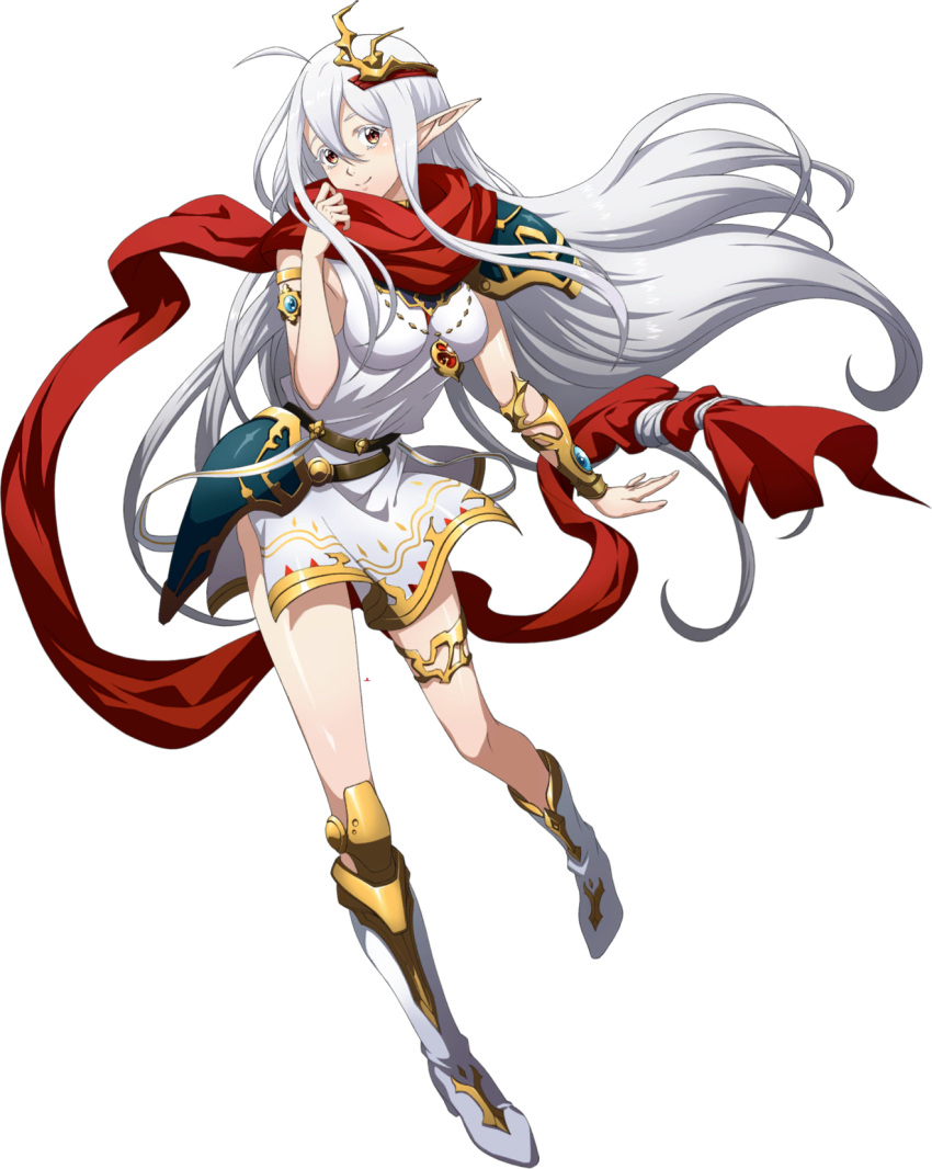 1girl ahoge armlet armor asymmetrical_footwear bangs boots closed_mouth dress faulds floating_hair full_body hair_between_eyes hair_ornament high_heels highres knee_boots langrisser langrisser_mobile long_hair looking_at_viewer official_art pointy_ears red_eyes red_scarf scarf shiny shiny_skin short_dress shoulder_armor side_slit silver_hair sleeveless sleeveless_dress smile solo thighlet transparent_background very_long_hair white_dress white_footwear zerida