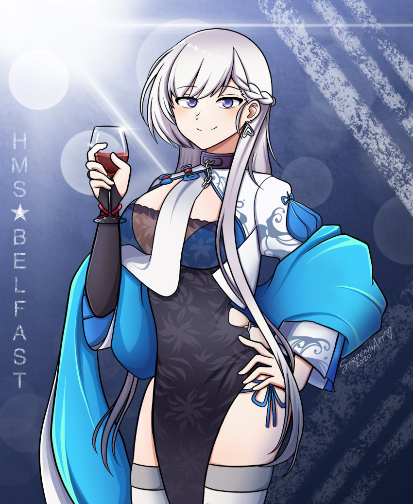 1girl alcohol azur_lane bangs belfast_(azur_lane) belfast_(iridescent_rosa)_(azur_lane) braid chain character_name china_dress chinese_clothes collar commentary cup dress drinking_glass english_commentary eyebrows_visible_through_hair grey_eyes hair_between_eyes hand_on_hip highres holding holding_cup long_hair long_sleeves looking_at_viewer side_slit sidelocks simple_background single_braid smile solo sorreinhart twitter_username watermark white_hair wine wine_glass