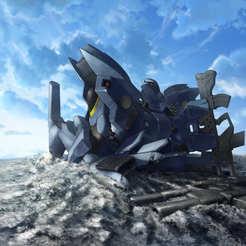 artist_request damaged f-18_hornet_(muvluv) game_cg gun highres looking_up lying mecha muvluv muvluv_unlimited:_the_day_after no_humans official_art on_back science_fiction solo tactical_surface_fighter thrusters weapon weapon_on_back