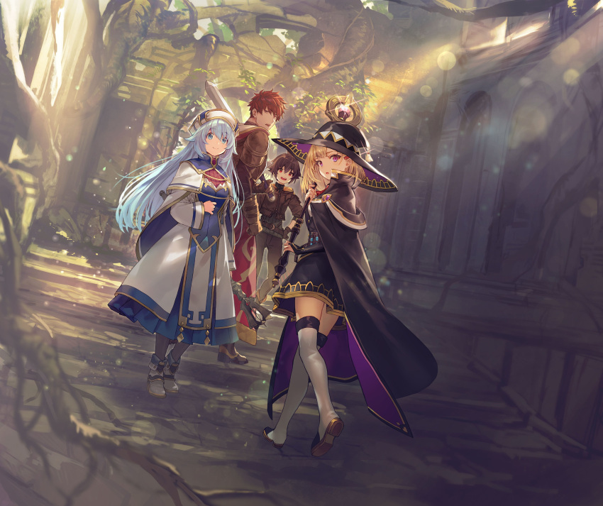 1boy 3girls :d absurdres alvin_(minus_skill-mochi) bangs black_cape black_headwear black_skirt blonde_hair blue_eyes blue_hair blue_skirt breasts bridal_gauntlets brown_hair brown_legwear cape closed_mouth cocolu cover_image cropped_jacket dutch_angle eyebrows_visible_through_hair fold-over_boots full_body glint gloves hand_on_hip hat highres holding holding_staff light_particles light_rays long_hair long_skirt long_sleeves looking_at_viewer looking_back medium_breasts medium_hair melina_(minus_skill-mochi) miniskirt minus_skill-mochi_yonin_ga_atsumattara_nanka_synergy_hakki_shite_saikyou_party_ga_dekita_ken multiple_girls novel_illustration official_art open_mouth outdoors pants parted_lips pleated_skirt red_eyes ribbed_sweater roots second-party_source shiny shiny_hair shirabi shoe_soles short_hair skirt smile staff standing sunbeam sunlight sweater sword teto_(minus_skill-mochi) textless thigh-highs turtleneck upskirt vial violet_eyes weapon white_footwear white_legwear wizard_hat