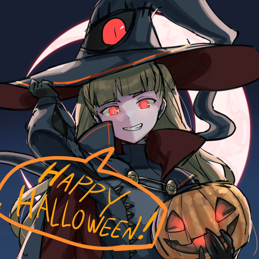 1girl alternate_color blonde_hair cape crescent_moon eitri_(fire_emblem) fire_emblem fire_emblem_heroes gloves glowing glowing_eyes hat highres jack-o'-lantern looking_at_viewer moon mutomorokoshi red_eyes wavy_hair witch_hat