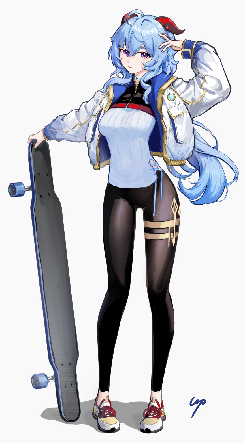 1girl absurdres ahoge arm_up bangs black_legwear blue_hair commentary eyebrows_visible_through_hair full_body ganyu_(genshin_impact) genshin_impact goat_horns hair_between_eyes highres holding holding_skateboard horns jacket leggings long_hair long_sleeves looking_at_viewer open_clothes open_jacket parted_lips shirt shoes signature simple_background skateboard solo standing uep very_long_hair violet_eyes white_background white_jacket white_shirt