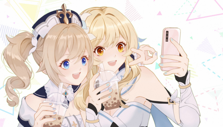 2girls barbara_(genshin_impact) blonde_hair blue_eyes blue_nails breasts bubble_tea cellphone cross dress flower genshin_impact hair_flower hair_ornament highres holding holding_phone latin_cross long_hair lumine_(genshin_impact) lyra-kotto medium_breasts medium_hair multiple_girls phone priestess reaching_out selfie short_hair_with_long_locks smartphone symbol-only_commentary taking_picture twintails v white_dress white_flower white_headwear yellow_eyes