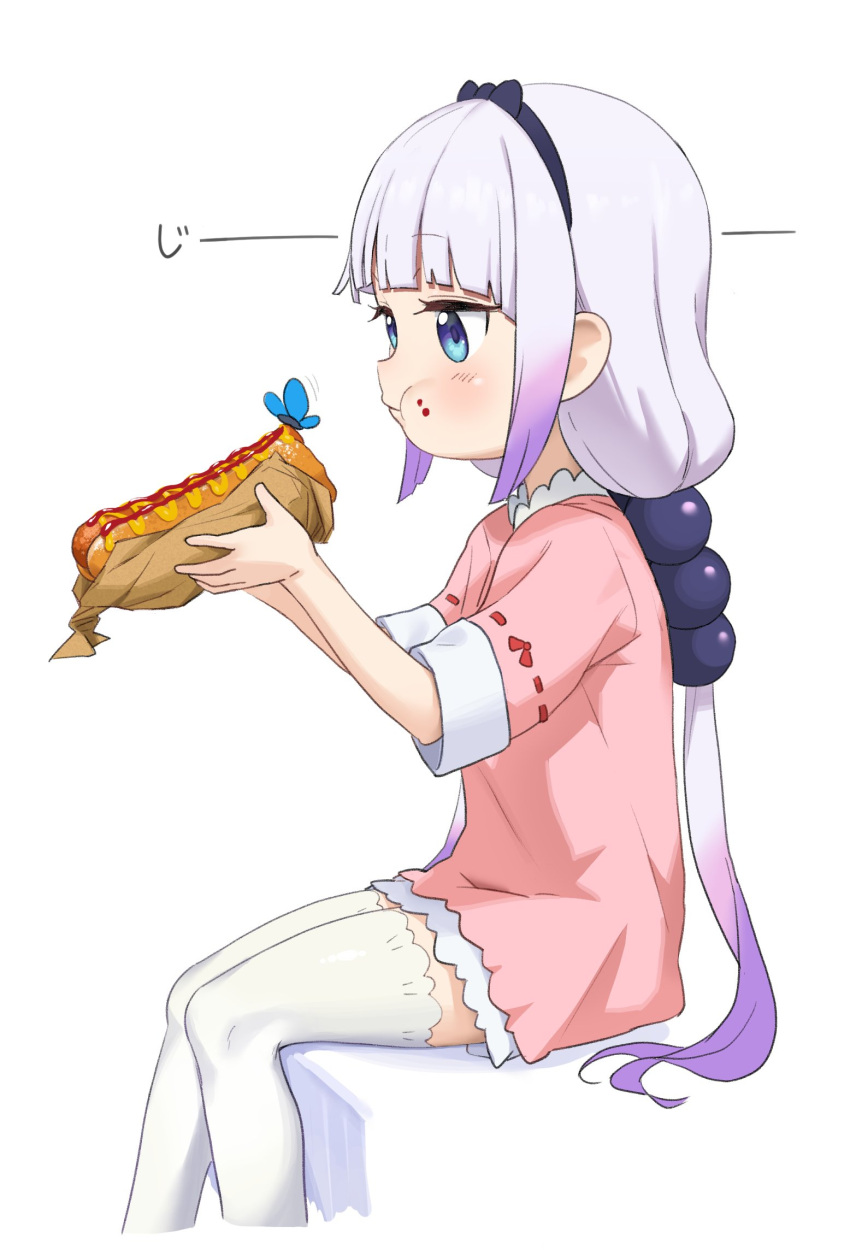 1girl bangs beads black_hairband blue_butterfly blue_eyes blunt_bangs blush bug butterfly chagama_teishoku dragon_girl dragon_tail eating eyebrows_visible_through_hair food food_in_mouth food_on_face gradient_hair hair_beads hair_ornament hairband highres hot_dog kanna_kamui ketchup kobayashi-san_chi_no_maidragon light_purple_hair low_twintails multicolored_hair mustard pink_hair sausage simple_background sitting symbol-only_commentary tail thigh-highs twintails white_background white_legwear