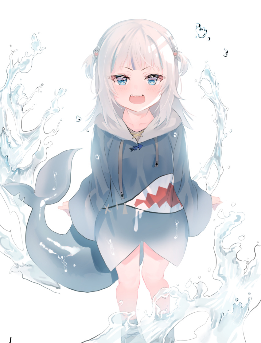 1girl bangs blue_eyes blue_footwear blue_hair blue_hoodie blush commentary drawstring fish_tail gawr_gura hair_ornament highres hololive hololive_english hood hood_down hoodie kazo_(apap023451) long_hair long_sleeves looking_at_viewer multicolored_hair open_mouth shark_hair_ornament shark_tail sharp_teeth shoes silver_hair sleeves_past_wrists solo standing streaked_hair tail teeth two_side_up upper_teeth v-shaped_eyebrows virtual_youtuber water wide_sleeves