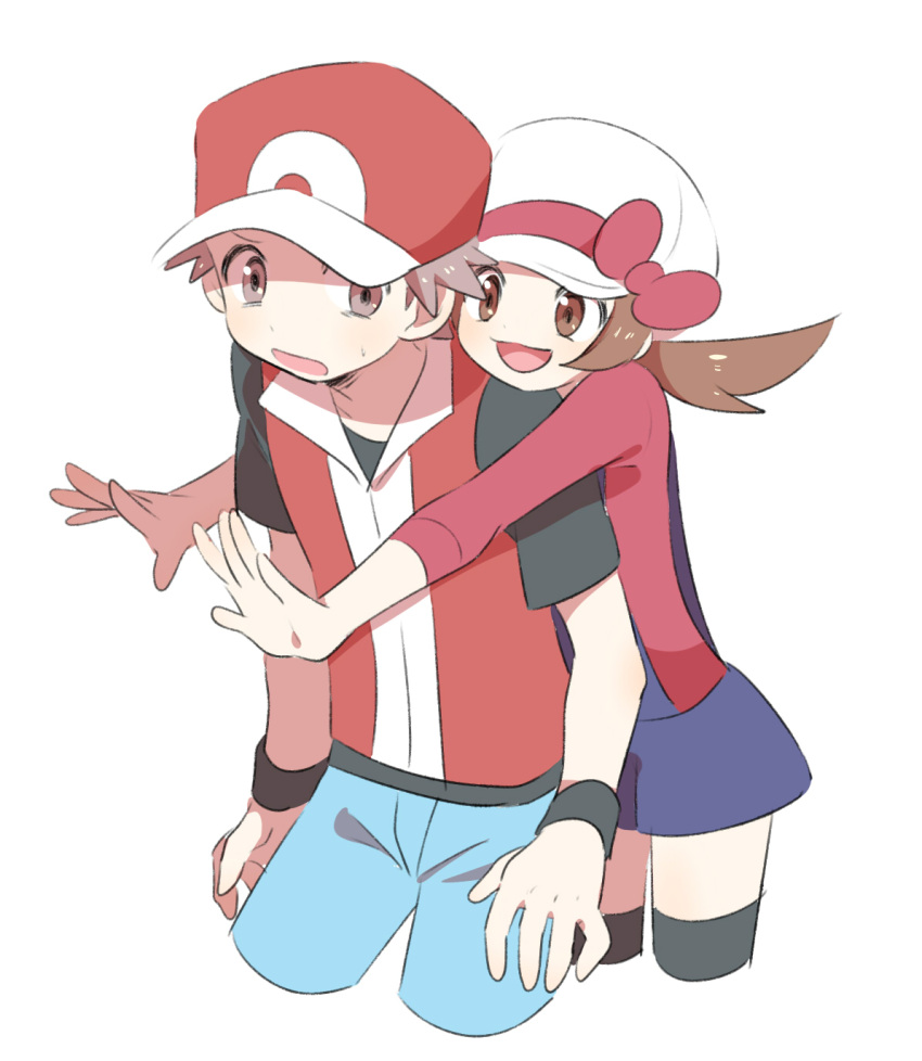 1boy 1girl baseball_cap blue_overalls blue_pants bow brown_eyes brown_hair cabbie_hat commentary_request hat hat_bow highres jacket long_hair lyra_(pokemon) open_mouth overalls pants pokemon pokemon_(game) pokemon_frlg pokemon_hgss pumpkinpan red_(pokemon) red_bow red_headwear red_jacket red_shirt shirt short_hair short_sleeves sleeveless sleeveless_jacket sweatdrop t-shirt thigh-highs white_headwear