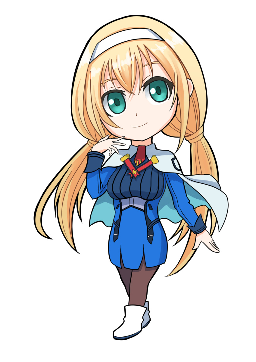absurdres black_legwear blonde_hair blue_dress capelet chibi dress earrings green_eyes hairband highres jewelry long_hair low_twintails military military_uniform mitsuba_greyvalley red_neckwear super_robot_wars super_robot_wars_30 tied_hair triangle_earrings troy_(oxaa01ex) twintails uniform white_capelet white_footwear white_hairband