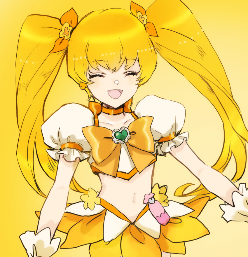 1girl blonde_hair bow brooch choker closed_eyes cowboy_shot crop_top cure_sunshine facing_viewer flower gradient gradient_background hair_bow hair_flower hair_ornament heartcatch_precure! highres jewelry long_hair magical_girl midriff myoudouin_itsuki navel nekozuka_(duka_nkdk) open_mouth orange_background orange_bow orange_choker orange_skirt precure puffy_sleeves ribbon_choker simple_background skirt smile solo standing twintails wrist_cuffs yellow_background yellow_theme