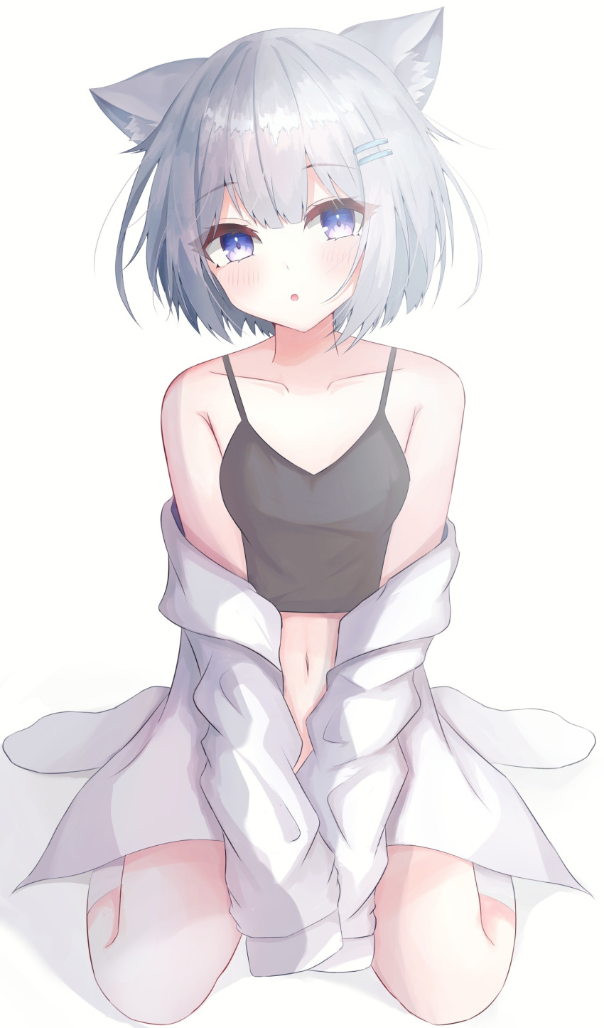 1girl :o absurdres animal_ear_fluff animal_ears bangs bare_shoulders black_camisole blue_eyes blush camisole cat_ears collarbone commentary_request crop_top eyebrows_visible_through_hair grey_hair hair_between_eyes hair_ornament hairclip highres long_sleeves looking_at_viewer navel no_shoes off_shoulder original parted_lips shadow shirt short_hair sirotuki_ito sitting sleeves_past_fingers sleeves_past_wrists socks solo wariza white_background white_legwear white_shirt