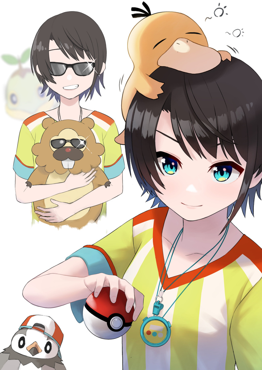 1girl absurdres brown_hair collarbone commentary_request glint grin hatted_pokemon highres holding holding_poke_ball holding_pokemon hololive multiple_views on_head oozora_subaru poke_ball poke_ball_(basic) pokemon pokemon_(creature) pokemon_on_head psyduck punikiman shiny shiny_hair shirt short_hair short_sleeves smile starly sunglasses t-shirt teeth turtwig virtual_youtuber whistle whistle_around_neck