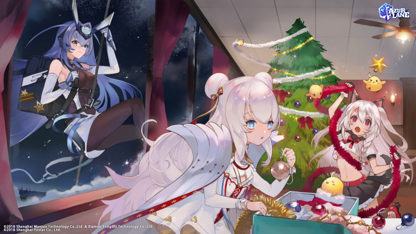 +_+ 3girls :3 ahoge animal_ears asymmetrical_hair azur_lane backpack bag belt black_bodysuit black_gloves black_skirt blue_eyes blue_hair bodysuit box braid breasts ceiling ceiling_fang christmas christmas_ornaments christmas_tree closed_mouth commentary cropped_shirt curtains dog_ears dog_girl dog_tail double_bun dress elbow_gloves english_commentary eyebrows_visible_through_hair fingerless_gloves frilled_skirt frills gloves hair_between_eyes hair_intakes headpiece highres le_malin_(azur_lane) long_hair manjuu_(azur_lane) medium_breasts miniskirt multiple_girls navel new_jersey_(azur_lane) night night_sky official_art open_mouth pleated_skirt rappelling red_belt red_eyes second-party_source shirt short_sleeves side_braid silver_hair single_braid skirt sky small_breasts smile stomach tail thick_eyebrows tile_ceiling tiles tinsel under_boob uroko_(uonomekouro) watermark white_dress white_gloves white_shirt white_skirt window yuudachi_(azur_lane)