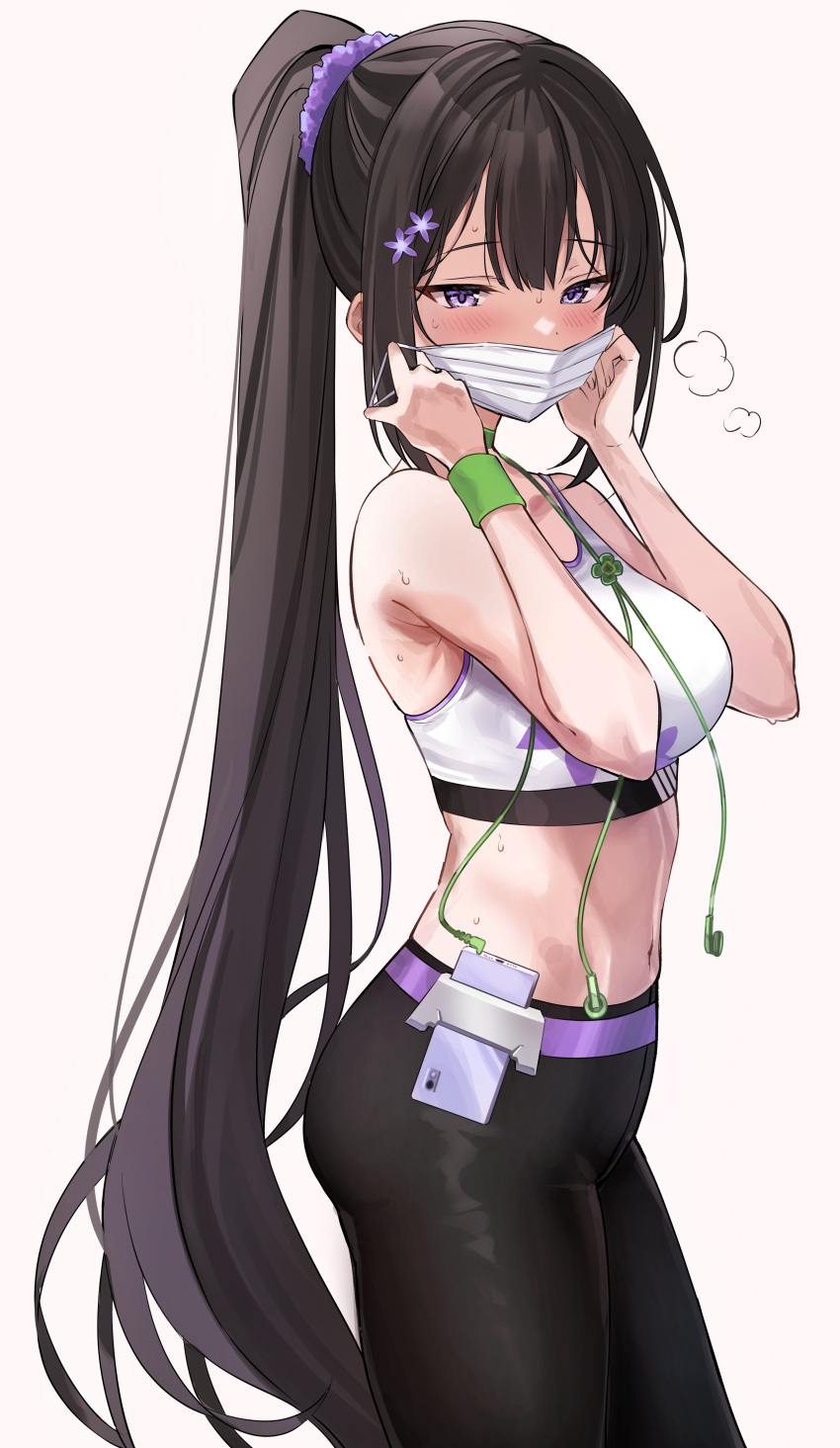 1girl absurdres black_hair black_pants blue_archive breasts cellphone commentary_request earphones hair_ornament hair_scrunchie high_ponytail highres large_breasts long_hair mask midriff mouth_mask navel pants phone ponpon_nun purple_scrunchie scrunchie smartphone solo sports_bra sumire_(blue_archive) surgical_mask sweatband tight tight_pants very_long_hair violet_eyes white_sports_bra yoga_pants