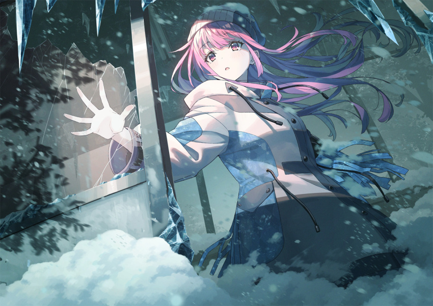 1girl blush frozen highres ice icicle jacket knit_hat koh_rd long_hair long_sleeves looking_at_viewer open_mouth original pale_skin pink_eyes pink_hair snow solo standing